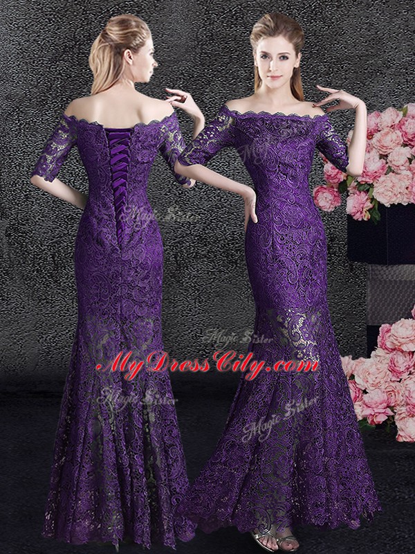 Mermaid Off the Shoulder Eggplant Purple Lace Up Mother of Groom Dress Lace Half Sleeves Floor Length