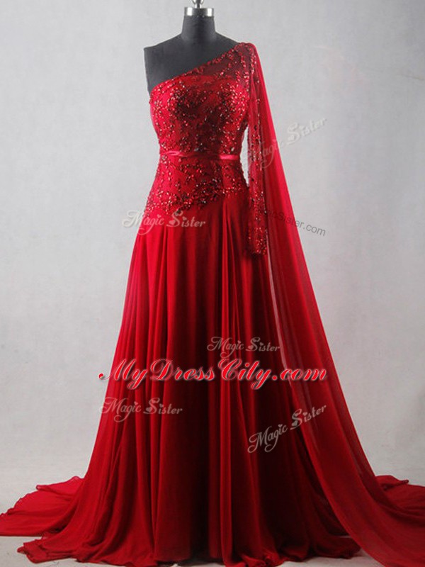 Wine Red Empire Chiffon One Shoulder Sleeveless Beading and Belt Zipper Homecoming Dress Court Train