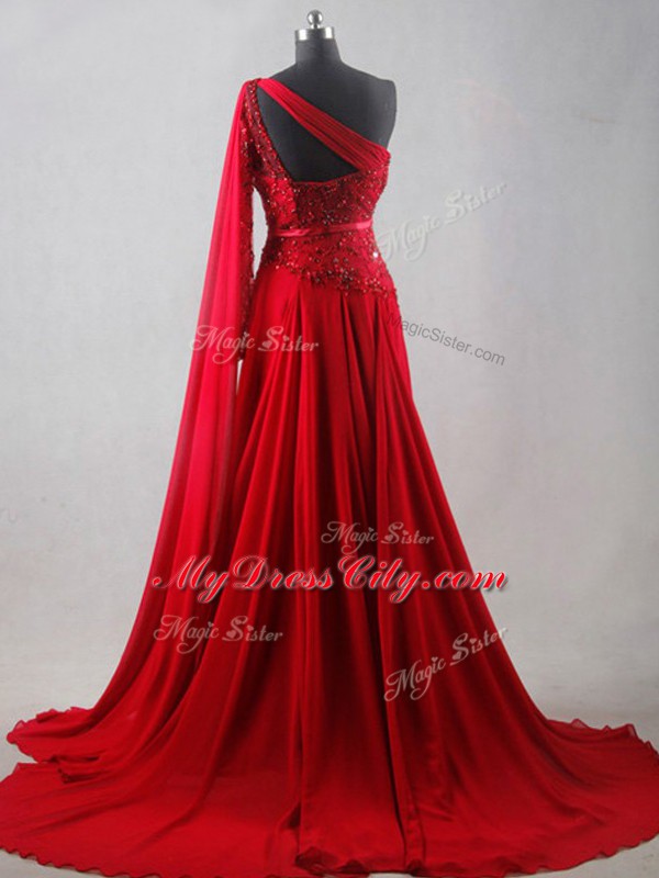 Wine Red Empire Chiffon One Shoulder Sleeveless Beading and Belt Zipper Homecoming Dress Court Train