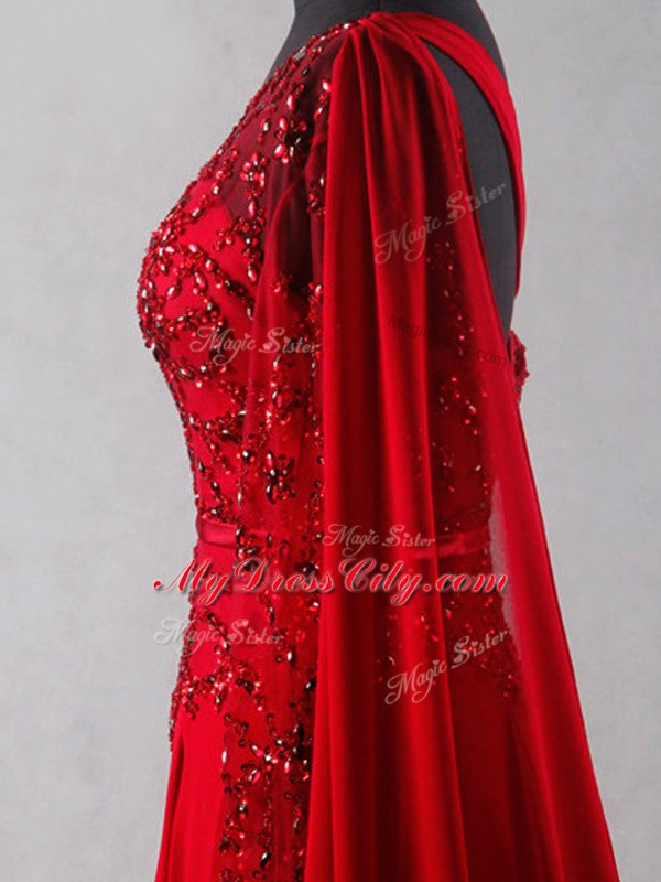 Wine Red Empire Chiffon One Shoulder Sleeveless Beading and Belt Zipper Homecoming Dress Court Train