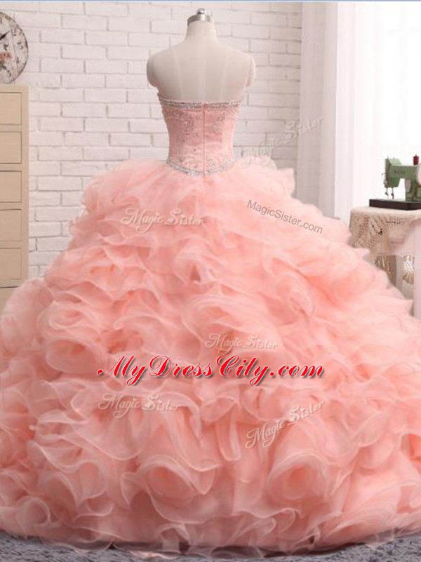 Pink Organza Zipper Sweetheart Sleeveless Floor Length Sweet 16 Dress Beading and Ruffles