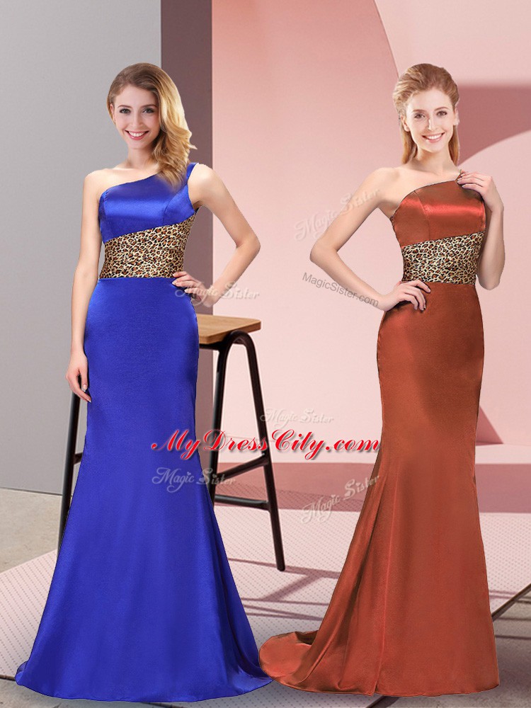 Designer Royal Blue Column/Sheath Pattern Homecoming Dress Side Zipper Elastic Woven Satin Sleeveless Floor Length