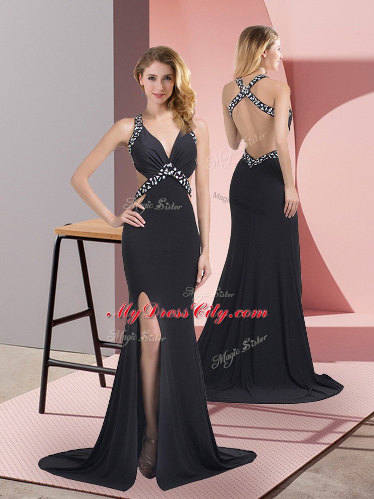 Black Sleeveless Chiffon Brush Train Criss Cross Homecoming Dress for Prom and Military Ball