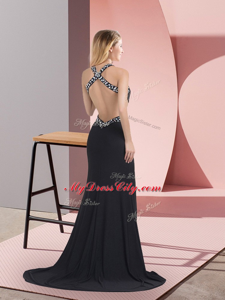 Black Sleeveless Chiffon Brush Train Criss Cross Homecoming Dress for Prom and Military Ball