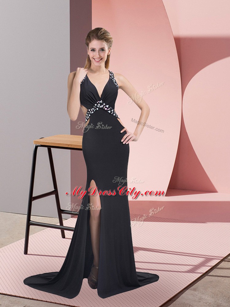 Black Sleeveless Chiffon Brush Train Criss Cross Homecoming Dress for Prom and Military Ball