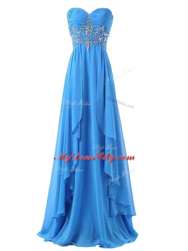 Beading and Ruching Prom Dress Baby Blue Lace Up Sleeveless Brush Train