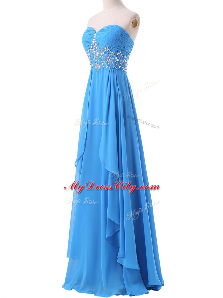 Beading and Ruching Prom Dress Baby Blue Lace Up Sleeveless Brush Train