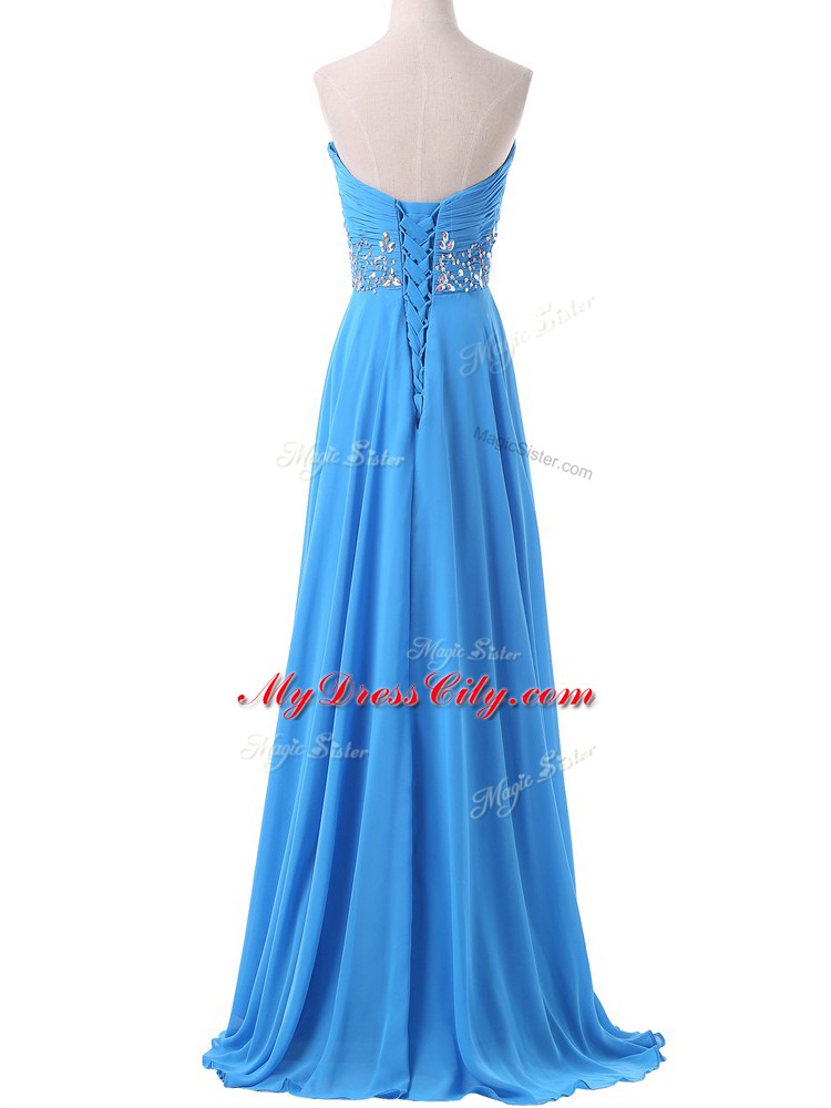 Beading and Ruching Prom Dress Baby Blue Lace Up Sleeveless Brush Train