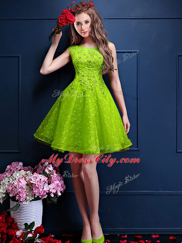 Romantic Green Sleeveless Beading and Lace Knee Length Quinceanera Court Dresses