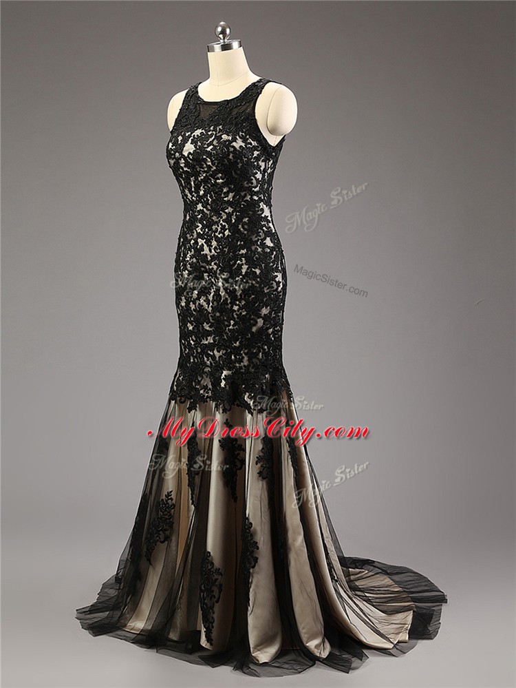 Inexpensive Sleeveless Tulle Brush Train Zipper Homecoming Dress in Black with Lace and Appliques