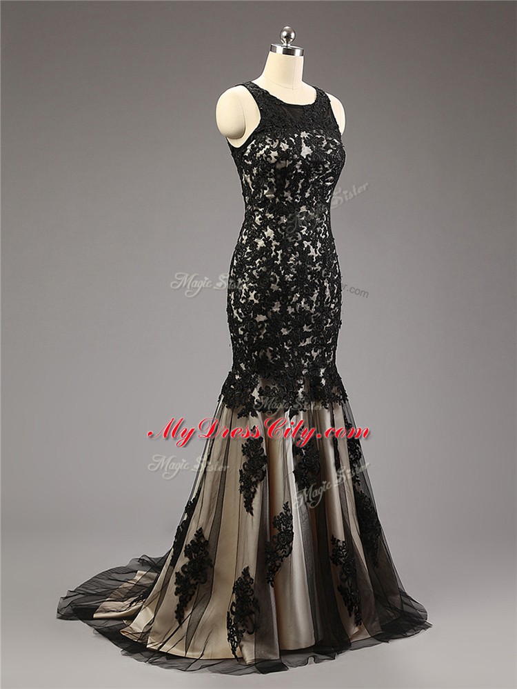 Inexpensive Sleeveless Tulle Brush Train Zipper Homecoming Dress in Black with Lace and Appliques