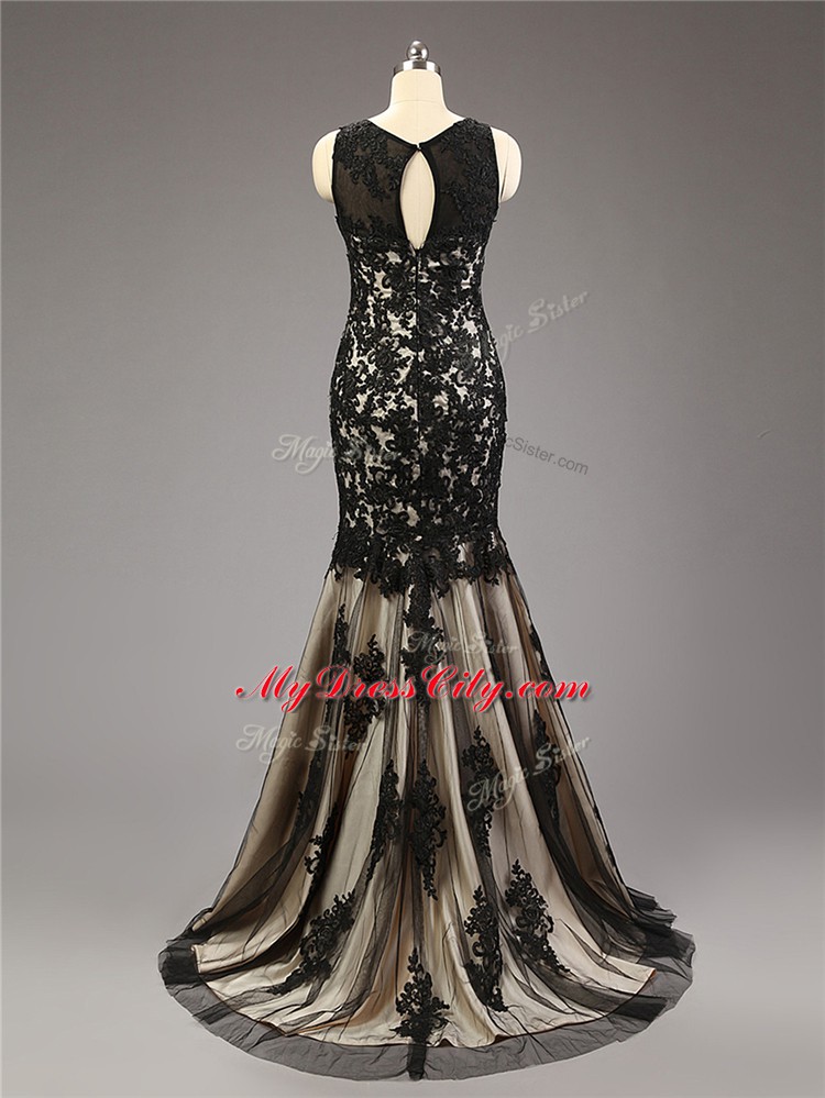 Inexpensive Sleeveless Tulle Brush Train Zipper Homecoming Dress in Black with Lace and Appliques