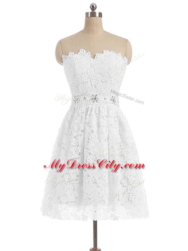 White Sleeveless Knee Length Beading and Lace and Appliques Zipper Prom Evening Gown