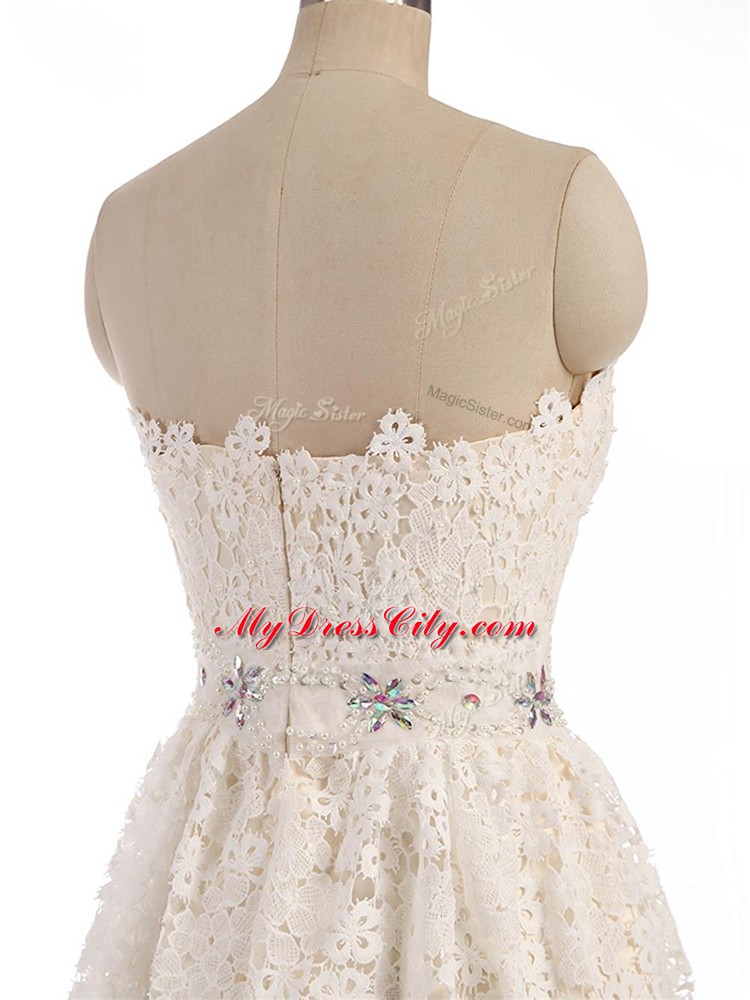 White Sleeveless Knee Length Beading and Lace and Appliques Zipper Prom Evening Gown