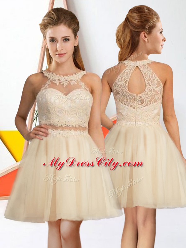 Champagne Sleeveless Lace Knee Length Dama Dress for Quinceanera