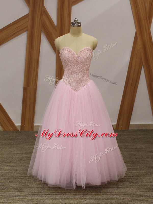 Baby Pink Sleeveless Tulle Lace Up Prom Dress for Prom and Party and Military Ball