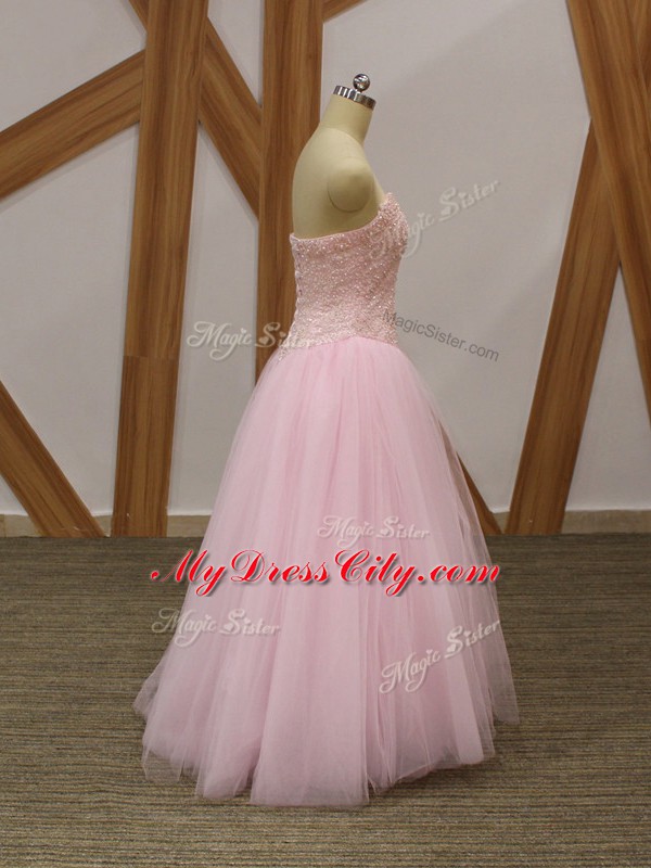 Baby Pink Sleeveless Tulle Lace Up Prom Dress for Prom and Party and Military Ball