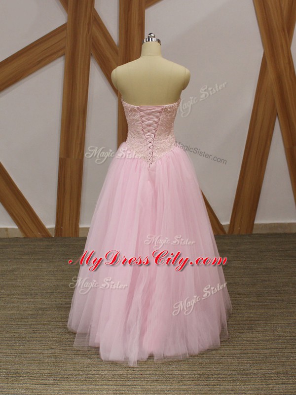 Baby Pink Sleeveless Tulle Lace Up Prom Dress for Prom and Party and Military Ball