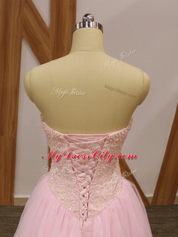 Baby Pink Sleeveless Tulle Lace Up Prom Dress for Prom and Party and Military Ball