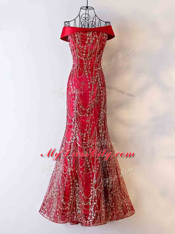 Beading Evening Gowns Wine Red Lace Up Sleeveless Floor Length