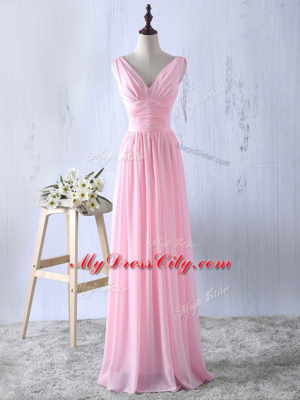 Cute Floor Length Baby Pink Bridesmaid Gown Chiffon Sleeveless Ruching