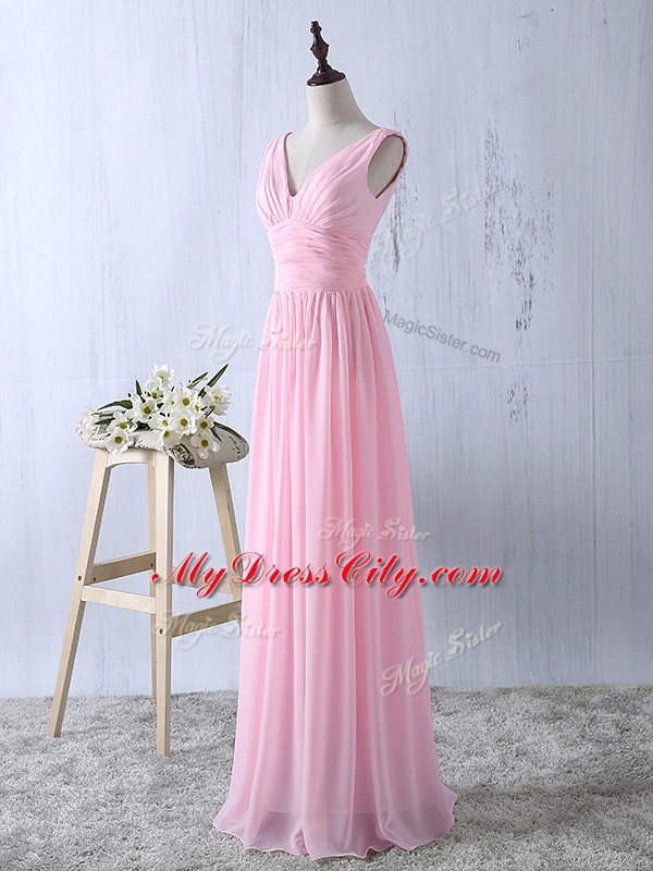 Cute Floor Length Baby Pink Bridesmaid Gown Chiffon Sleeveless Ruching