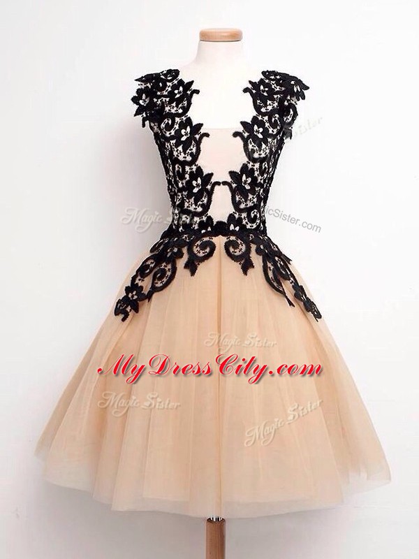 A-line Quinceanera Court of Honor Dress Champagne Straps Tulle Sleeveless Knee Length Lace Up