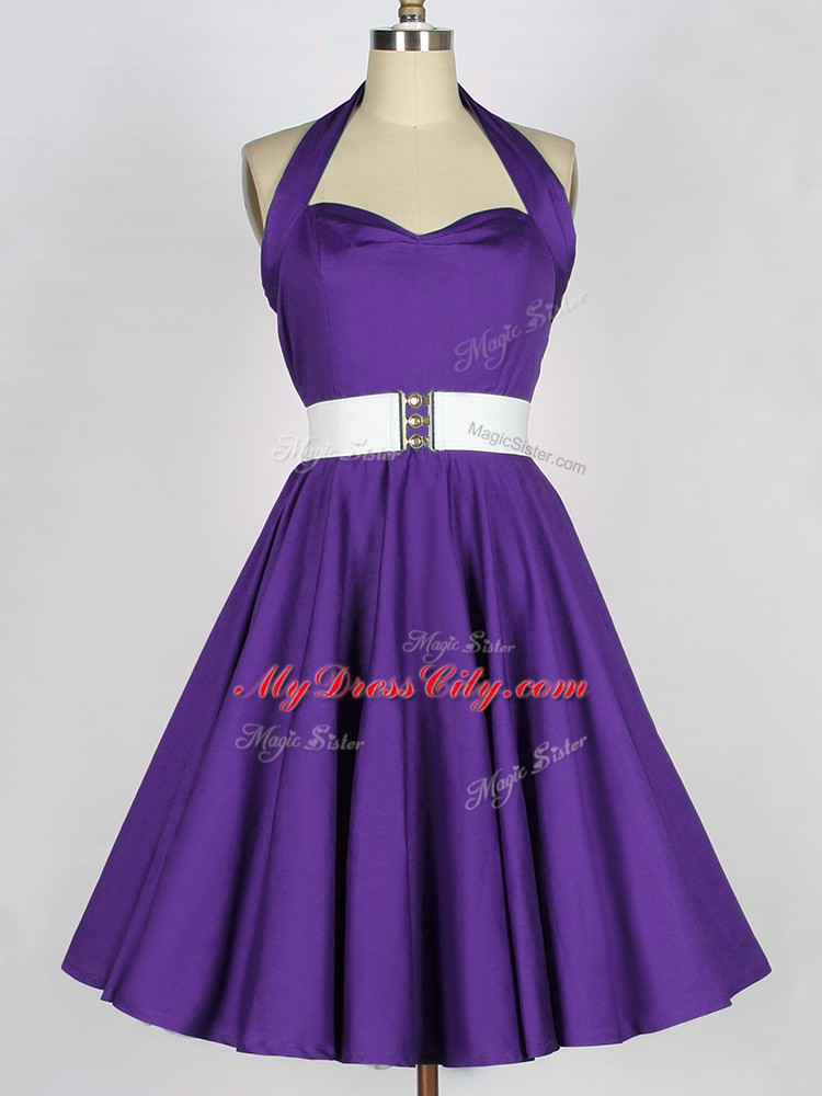 Purple A-line Halter Top Sleeveless Taffeta Knee Length Zipper Ruching Quinceanera Court of Honor Dress