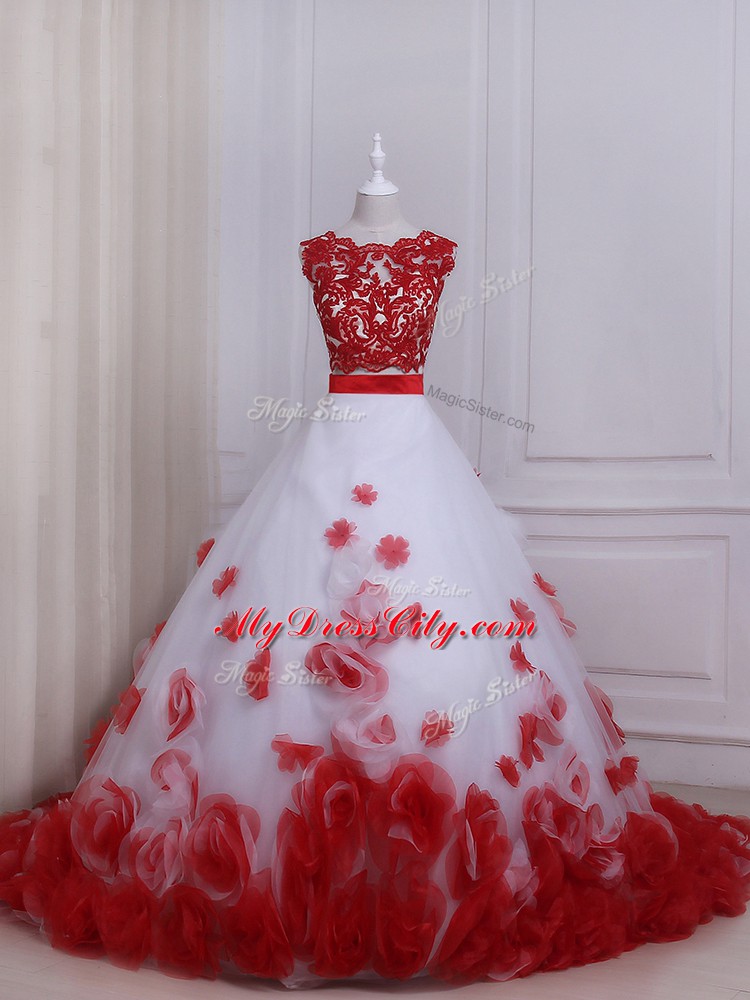 Trendy White And Red Sleeveless Brush Train Appliques Wedding Gown