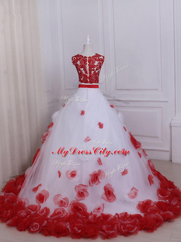 Trendy White And Red Sleeveless Brush Train Appliques Wedding Gown