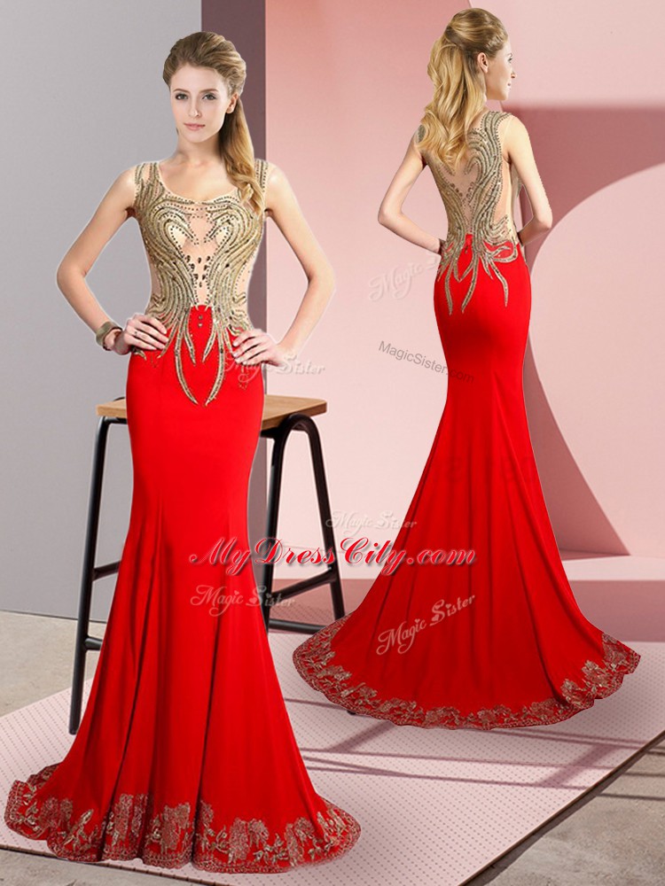 Nice Beading and Appliques Prom Party Dress Red Side Zipper Sleeveless Brush Train