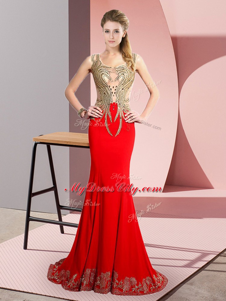 Nice Beading and Appliques Prom Party Dress Red Side Zipper Sleeveless Brush Train