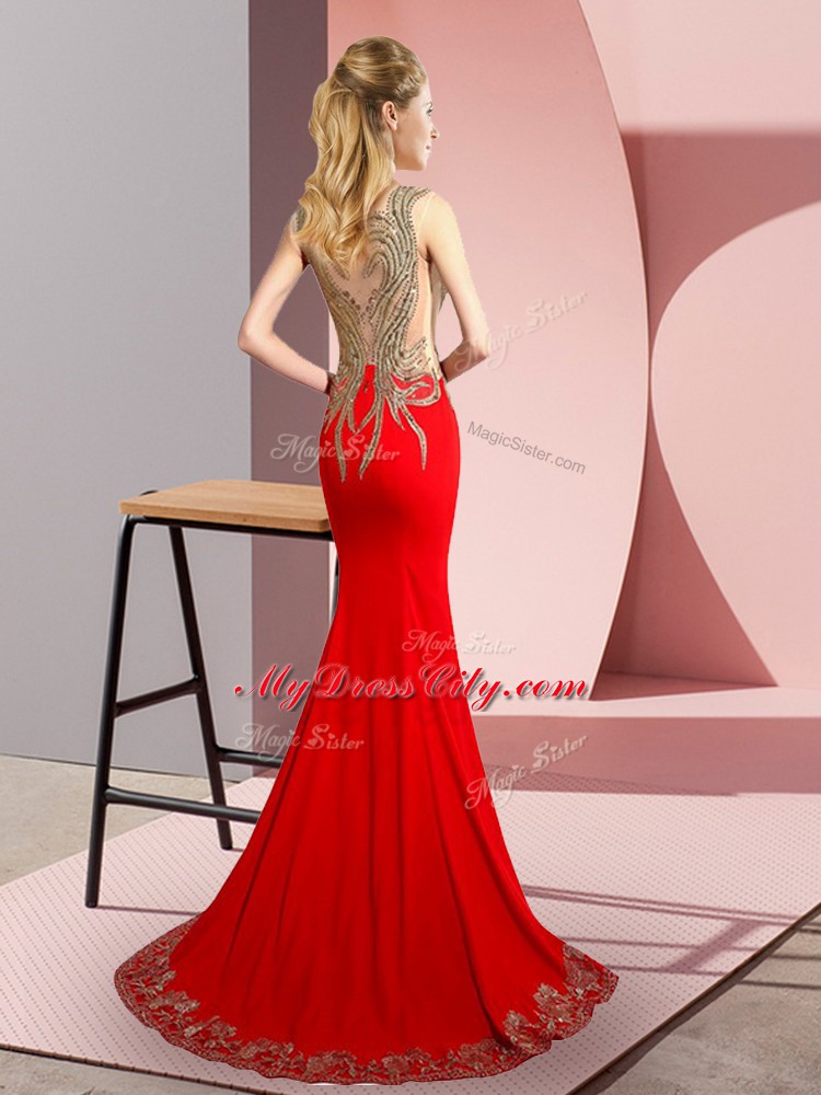 Nice Beading and Appliques Prom Party Dress Red Side Zipper Sleeveless Brush Train