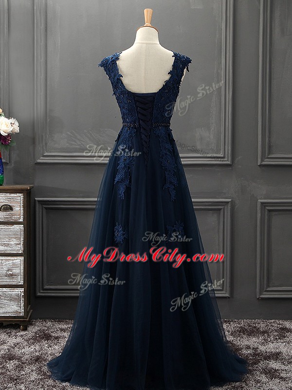 Luxury Navy Blue A-line Tulle Scoop Sleeveless Beading and Lace and Appliques Mini Length Lace Up Mother of Bride Dresses