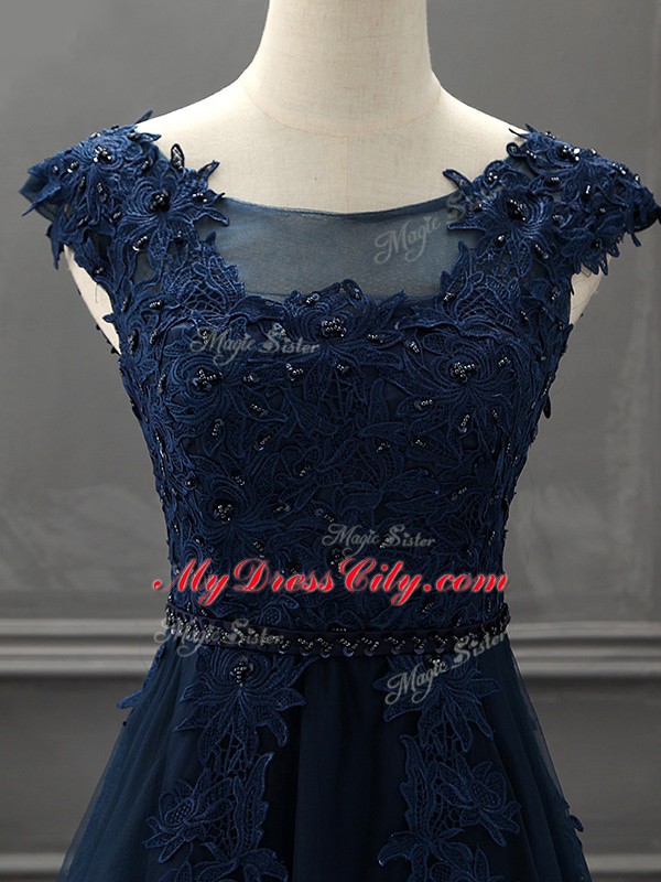 Luxury Navy Blue A-line Tulle Scoop Sleeveless Beading and Lace and Appliques Mini Length Lace Up Mother of Bride Dresses