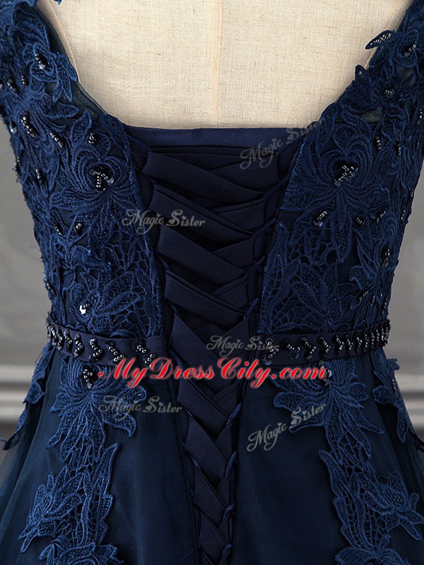 Luxury Navy Blue A-line Tulle Scoop Sleeveless Beading and Lace and Appliques Mini Length Lace Up Mother of Bride Dresses