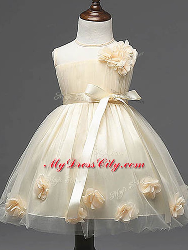 Shining Champagne Tulle Zipper Scoop Sleeveless Knee Length Flower Girl Dress Hand Made Flower