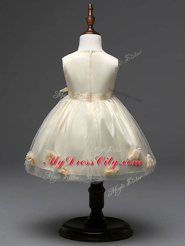 Shining Champagne Tulle Zipper Scoop Sleeveless Knee Length Flower Girl Dress Hand Made Flower