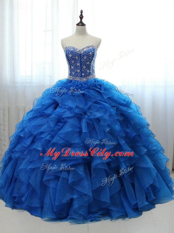 Low Price Royal Blue Organza and Tulle Lace Up Quinceanera Gown Sleeveless Floor Length Beading and Ruffles