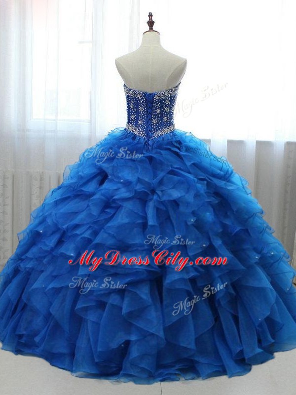 Low Price Royal Blue Organza and Tulle Lace Up Quinceanera Gown Sleeveless Floor Length Beading and Ruffles