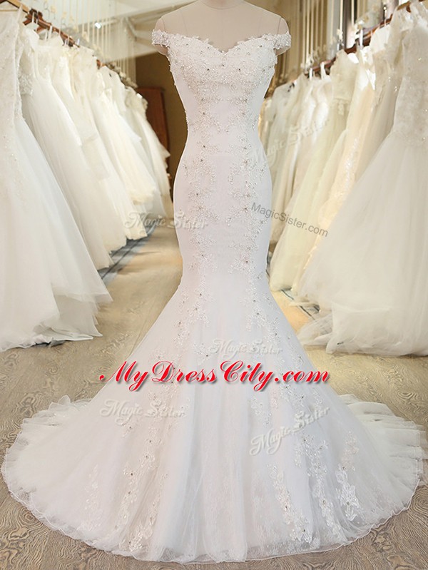 Classical Off The Shoulder Sleeveless Tulle Bridal Gown Beading and Appliques Brush Train Zipper