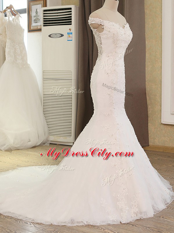 Classical Off The Shoulder Sleeveless Tulle Bridal Gown Beading and Appliques Brush Train Zipper