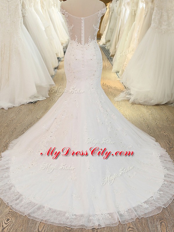 Classical Off The Shoulder Sleeveless Tulle Bridal Gown Beading and Appliques Brush Train Zipper