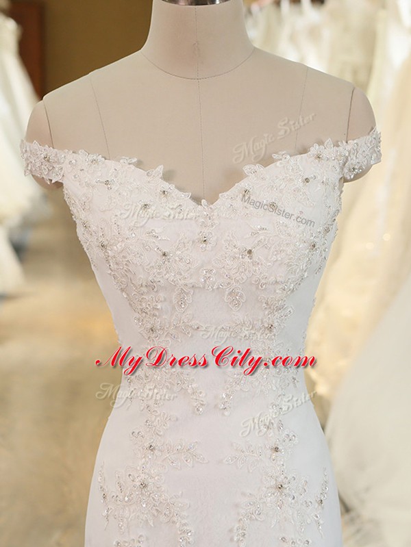 Classical Off The Shoulder Sleeveless Tulle Bridal Gown Beading and Appliques Brush Train Zipper