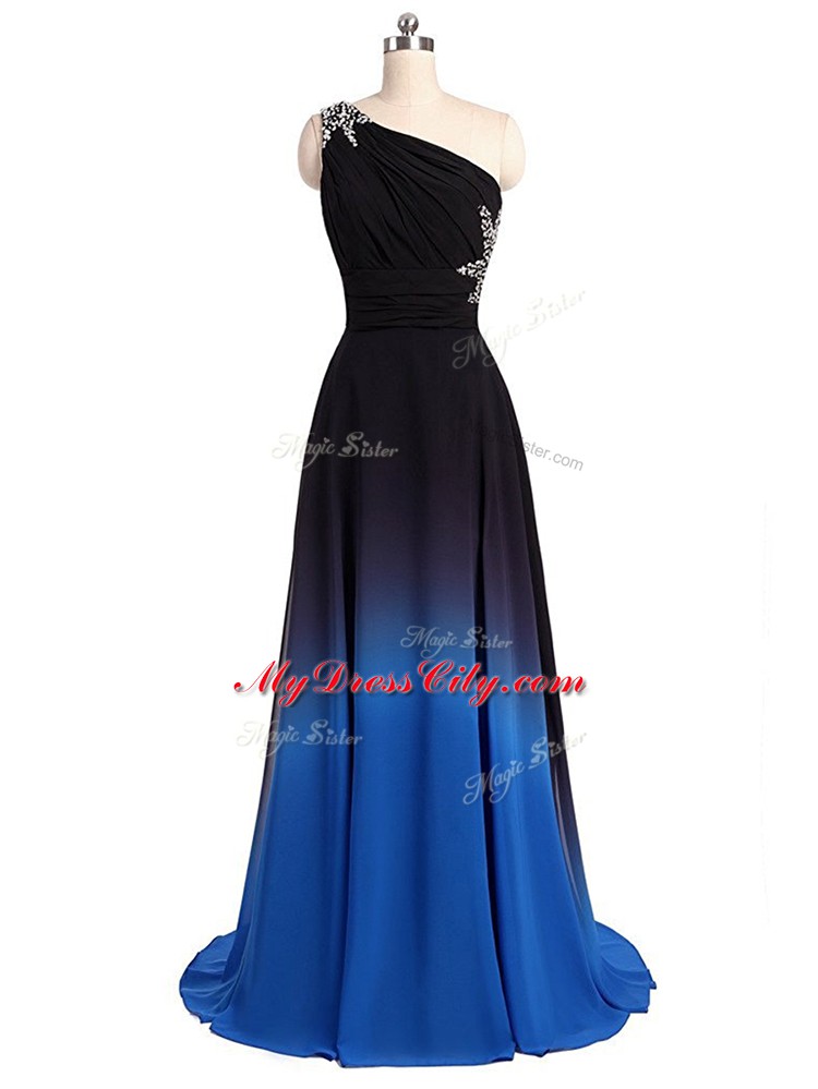 Chic Sleeveless Brush Train Lace Up Beading and Ruching Prom Evening Gown