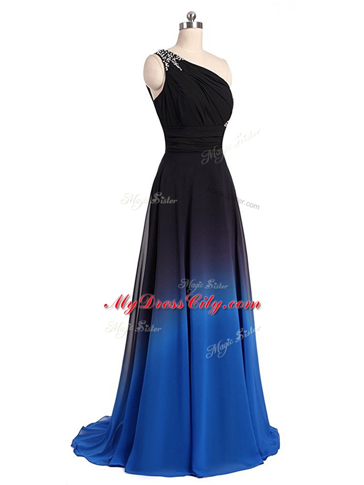 Chic Sleeveless Brush Train Lace Up Beading and Ruching Prom Evening Gown