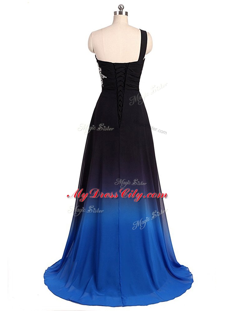 Chic Sleeveless Brush Train Lace Up Beading and Ruching Prom Evening Gown