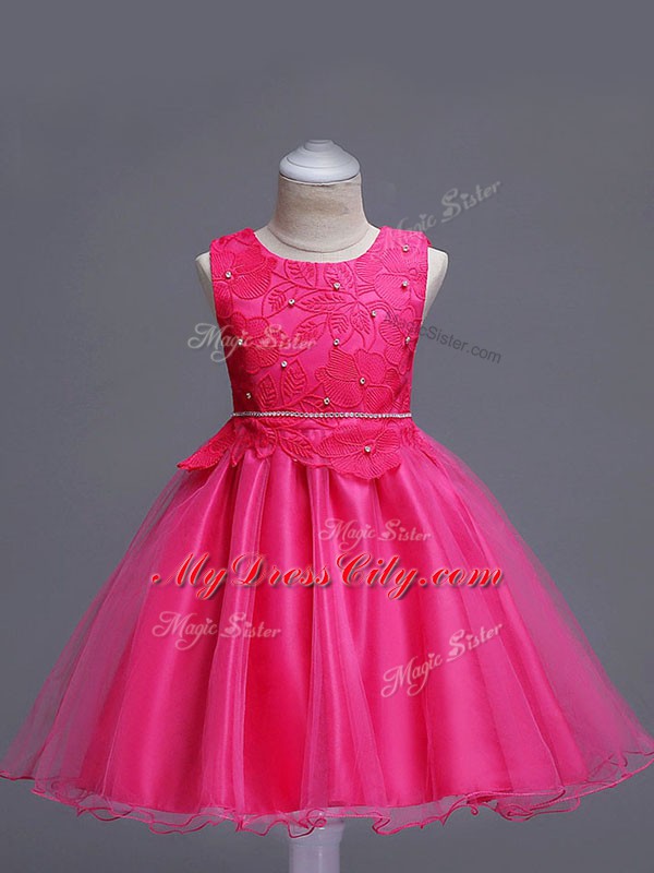 Custom Designed Hot Pink Ball Gowns Lace Little Girl Pageant Dress Zipper Organza Sleeveless Knee Length