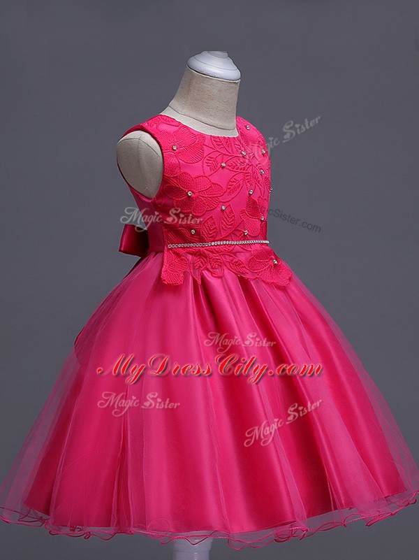 Custom Designed Hot Pink Ball Gowns Lace Little Girl Pageant Dress Zipper Organza Sleeveless Knee Length