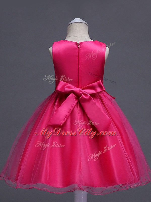 Custom Designed Hot Pink Ball Gowns Lace Little Girl Pageant Dress Zipper Organza Sleeveless Knee Length